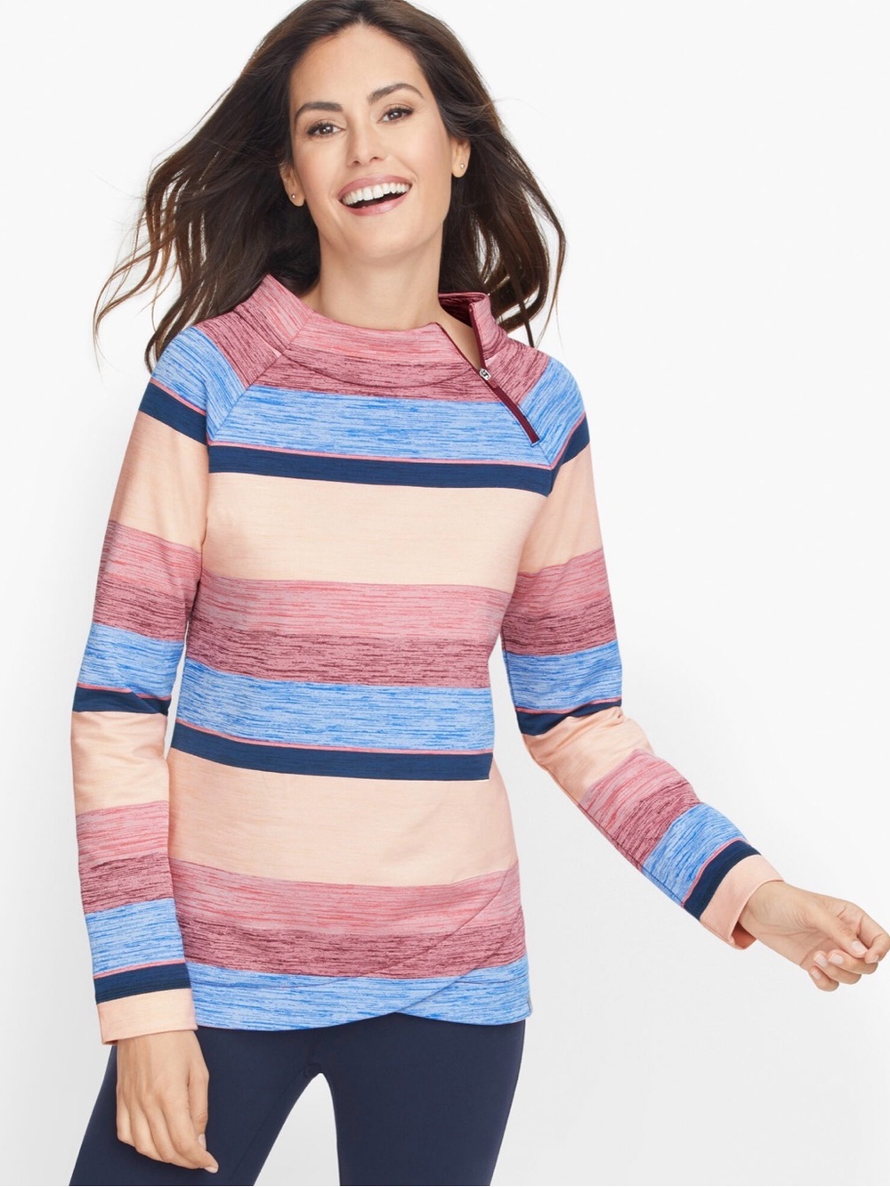 Talbots Striped Mock-Neck Pullover in Peach, Light Blue & Rose